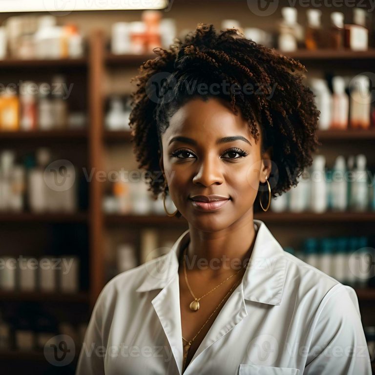 ai-generated-young-african-american-female-pharmacist-in-a-pharmacy-blurred-shelving-in-the-background-photo
